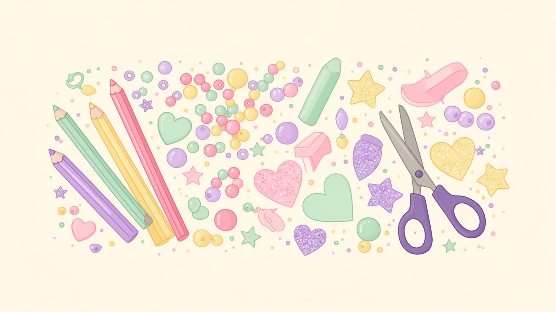 Vrolijke knutselspullen: potloden, kralen, krijtjes, glitter en stickers